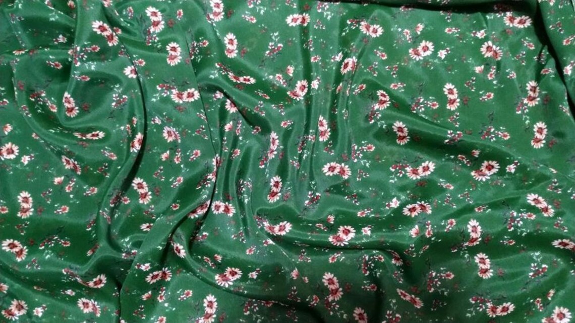 Telas High Quality Crepe Silk Satin Fabric Green Flowers ...