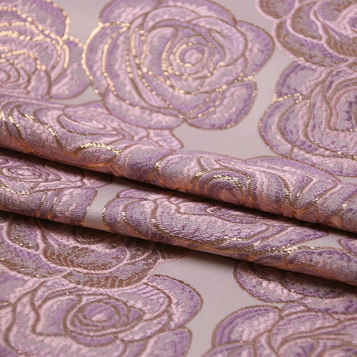 Gold metallic pink rose flowers brocade jacquard fabric | Etsy