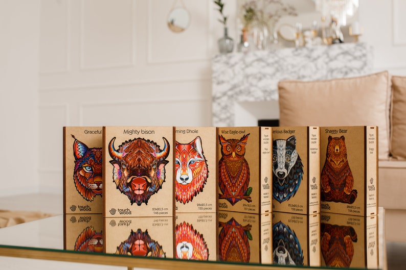 Details in The Form of Animals Figured Puzzle Made of Wood from The Red List Collection Graceful Lynx Gift VIP Packaging. Plants