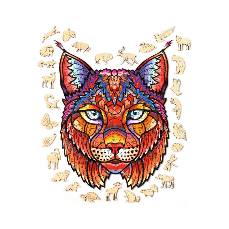 Details in The Form of Animals Figured Puzzle Made of Wood from The Red List Collection Graceful Lynx Gift VIP Packaging. Plants