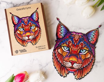 Details in The Form of Animals Figured Puzzle Made of Wood from The Red List Collection Graceful Lynx Gift VIP Packaging. Plants