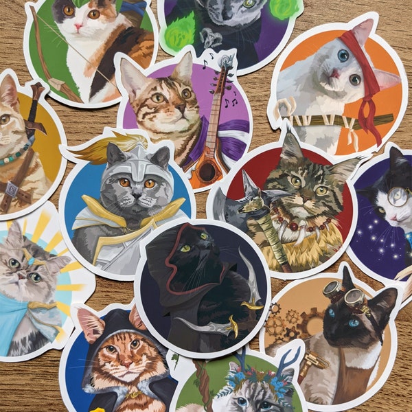Dungeons and Dragons Kitty Party! D&D Class stickers with a feline twist! DM Included! Character art, RPG, Archetypes, DnD stickers
