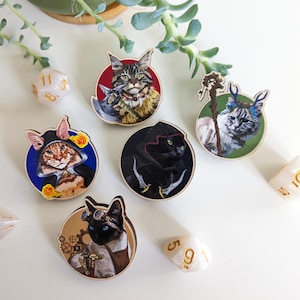 DnD Kitty Party! Wooden Pin Badges with a feline twist!  D&D Class Badges, Character art, RPG, Archetypes, Dungeons and Dragons Badges