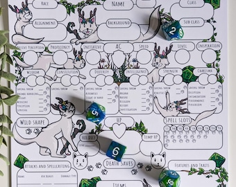 Może przedstawiać: Drukowana karta postaci do Dungeons and Dragons przedstawiająca białego kota z rogami. Karta zawiera sekcje dla rasy, klasy, ułożenia, tła, cech, rzutów obronnych, umiejętności i wiele więcej. Są też miejsca na rzuty kośćmi i miejsca na zaklęcia.