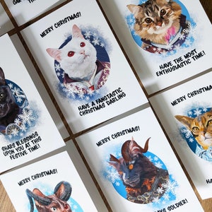 Cartes de Noël pour chatons de Baldur's Gate, personnages BG3 avec une touche féline ! Cartes de Noël chat, RPG, Archétypes, Cartes de Noël ringard