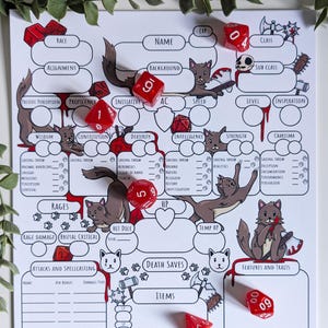 Könnte beinhalten: Ein druckbares Dungeons and Dragons Charakterblatt mit Katzen-Thema. Das Blatt ist weiß mit schwarzen Linien und Illustrationen von Katzen. Auf dem Blatt liegen rote Würfel verstreut.