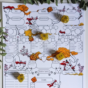 Karta postaci Mnicha DnD z kocim akcentem! Kitty D i D, edytowalny PDF, kompatybilna z Dungeons and Dragons 5e, akcesoria DnD