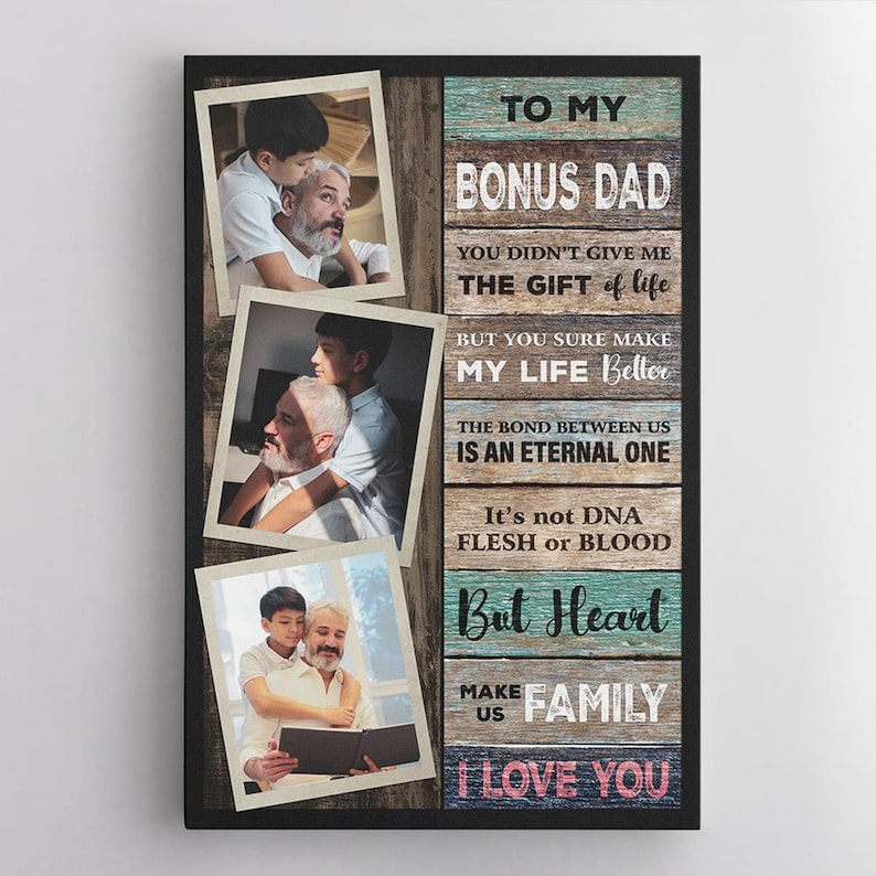 Bonus Dad Wall Art Personalized With Photo in The Wooden Patterns Background Color, Having The Message To My Bonus Dad 