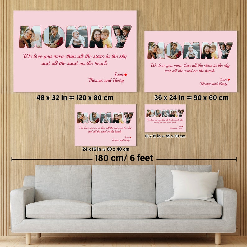 Op de afbeelding: Een roze canvasprint met het woord "MOMMY" in grote letters. Elke letter is gemaakt van een foto van een kind. De tekst eronder luidt "We love you more than all the stars in the sky and all the sand on the beach. Love, Thomas and Henry". De print is verkrijgbaar in drie formaten: 120 x 80 cm, 90 x 60 cm en 60 x 40 cm.