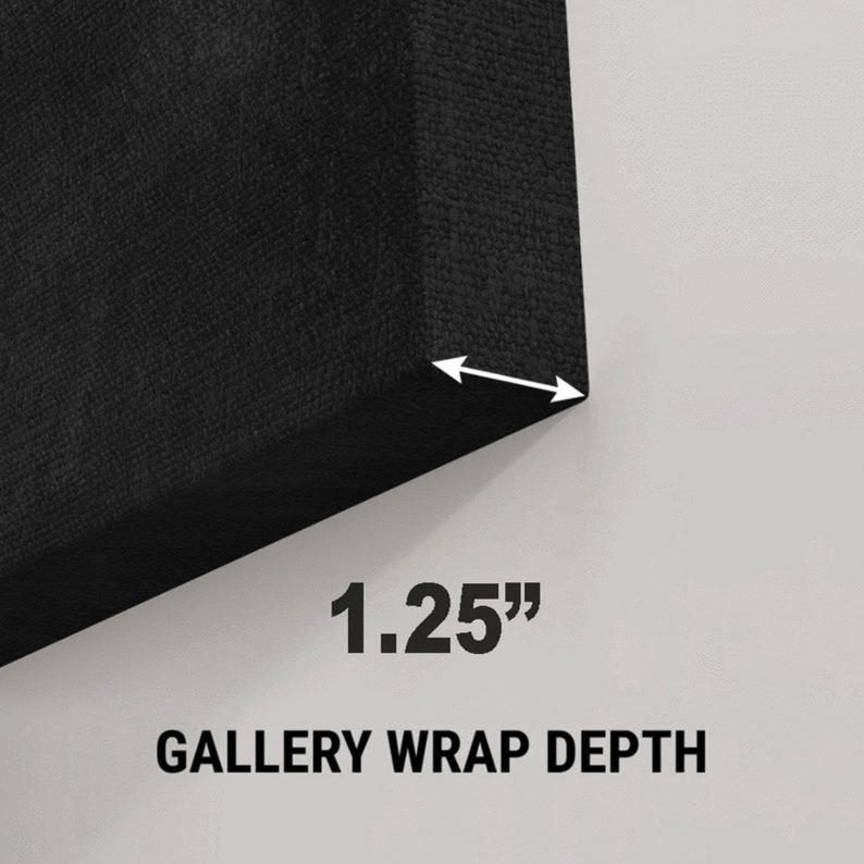 May include: Close-up of the edge of a black canvas print, showing the 1.25" depth of the gallery wrap.