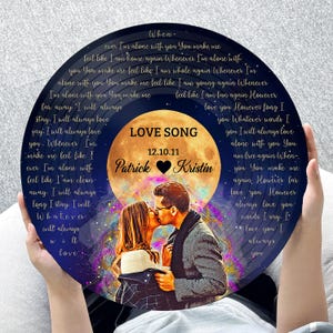 May include: A personalized vinyl record with a couple kissing, a full moon, and the words "Love Song" and a date. The record's edge features song lyrics. The names "Patrick" and "Kristin" are also displayed.