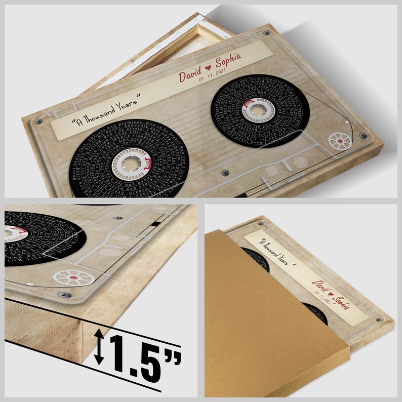 May include: A canvas print designed to resemble a vintage cassette tape. The artwork features the text "A Thousand Years", along with the names "David & Sophia" and the date "01. 11. 2021". The canvas is 1.5 inches thick.