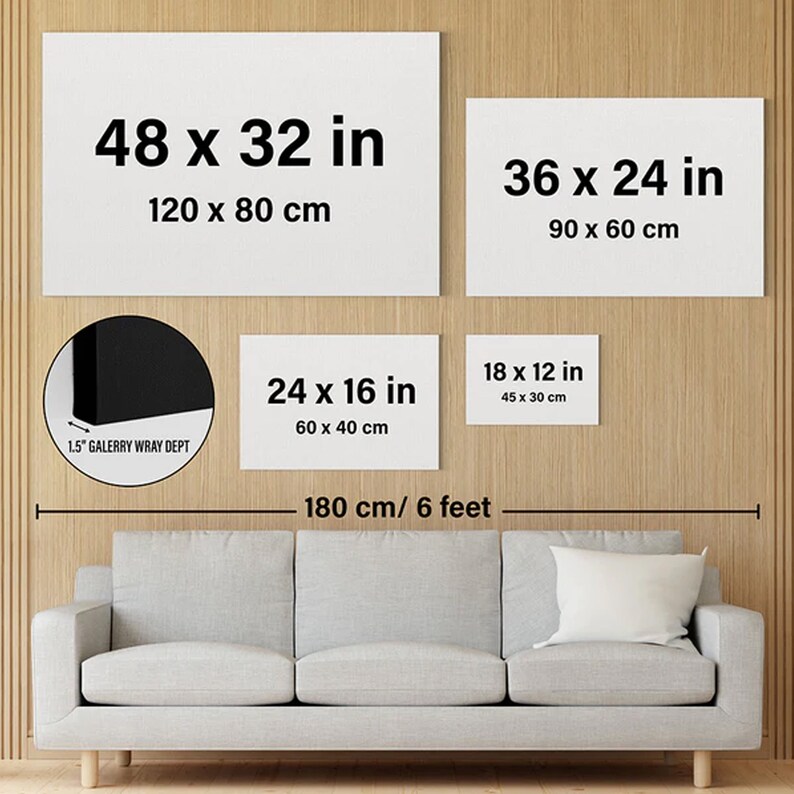 May include: A diagram showing different canvas sizes for artwork, with measurements in inches and centimeters. The sizes range from 18 x 12 inches to 48 x 32 inches. The diagram also includes a sofa for scale.