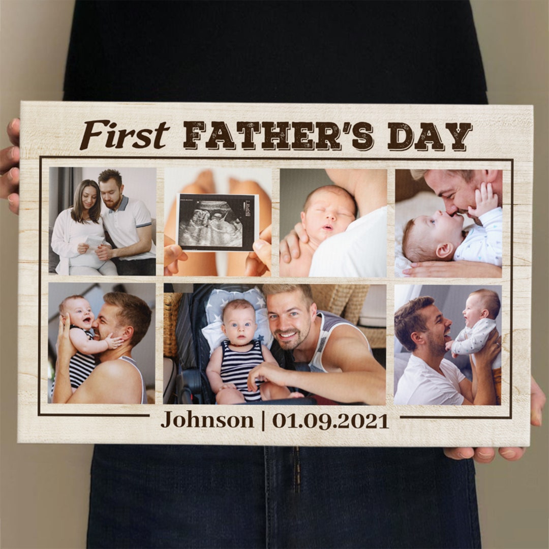 First Father Day Photo Collage, Stepped up Dad Canvas, 7 Picture Frame