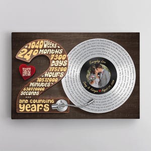 May include: A rectangular wall art piece featuring a large wooden-textured number two with gold text listing time increments including 1040 weeks and 630720000 seconds, a red heart with a QR code, and a circular record graphic with a photo of a couple.