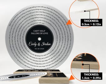 May include: A circular record-shaped plaque featuring the lyrics to Can't Help Falling in Love, personalized with the names Carly & Jordan and the date 02-28-2020. Two callouts show a thickness of 0.3 cm or 0.12 inches and 1.5 cm or 0.59 inches.