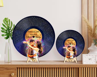 Personalized Song Lyrics & Names For Husband, Couple Photo, 1 Year Anniversary Gift, Record with Lyrics, Custom Wooden Round Sign