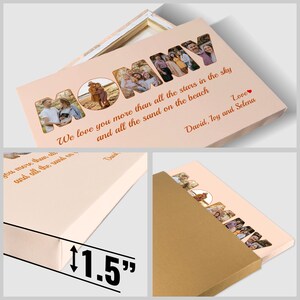 Op de afbeelding: Een roze canvasprint met het woord "MOMMY" in grote letters. Elke letter is gevuld met een andere familiefoto. De tekst "We love you more than all the stars in the sky and all the sand on the beach" staat onder het woord "MOMMY". De tekst "Love David, Toy and Selena" staat onder de quote. Het canvas is 3,8 cm dik.