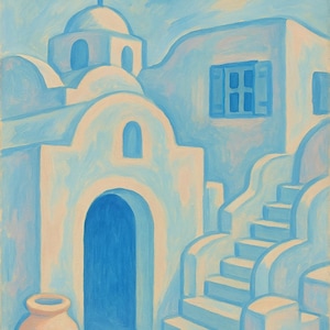 Santorini Wall Art Print – Pastel Blue Greek Island Printable for Mediterranean, Coastal or Travel Home Decor