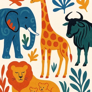 Safari Animal Nursery Art Print – Jungle Animals Wall Decor, Elephant Giraffe Lion Baby Print, Kids Room Digital Download