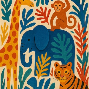 Jungle Animal Nursery Art Print – Jungle Animals Wall Decor, Elephant Giraffe Lion Baby Print, Kids Room Digital Download