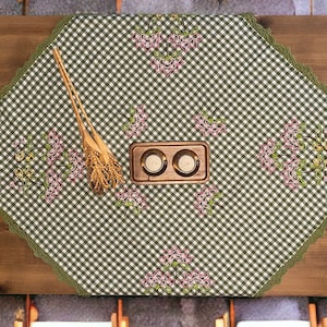Handmade Checkered Tablecloth with Floral Embroidery and Lace Edging