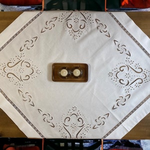 Handcrafted White Linen Tablecloth with Delicate Embroidered Design