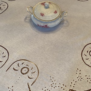Luxe Handmade White Linen Tablecloth - Elegant Embroidery, Crochet Edging
