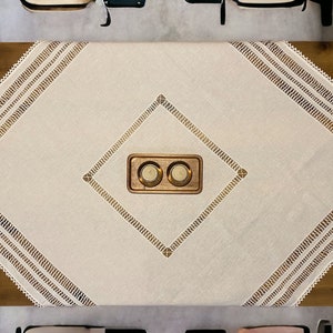Handcrafted White Linen Tablecloth featuring Exquisite Embroidery Design and Delicate Crochet Edging