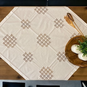 Elegant Handmade Square White Linen Tablecloth with Intricate Embroidery Detail