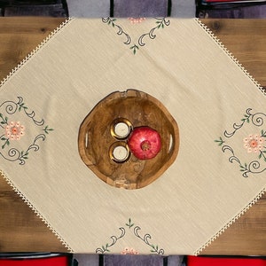 Beige Linen Tablecloth with Floral Embroidery and Crochet Edging