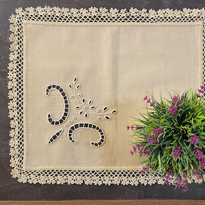 Handmade Embroidered Linen Table Topper with Delicate Lace Border
