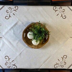 Elegant Square White Linen Tablecloth with Intricate Embroidery Detail
