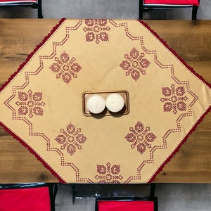 Beige Tablecloth with Embroidery and Crochet Edging, 29x29 inches