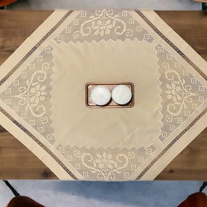 Beige Linen Tablecloth with Vintage Embroidery and Crochet Accents