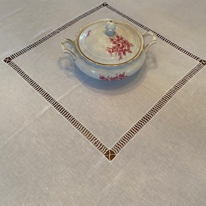 Handcrafted White Linen Tablecloth with Delicate Embroidered Design