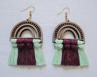 Two-Tone Wooden Macrame Rainbow Earrings I Boho Earrings