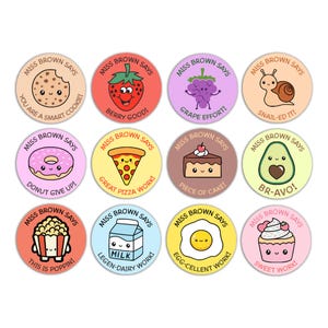 May include: Twelve colourful round stickers with cartoon food illustrations and the text "Miss Brown Says" with a different food-related phrase on each sticker.
