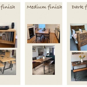 May include: Three images showing different wood finishes: light, medium, and dark. The images show a record player stand, a dining table with chairs, and a bed frame.