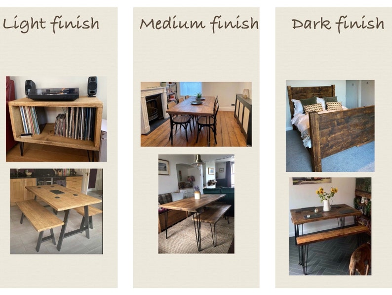 May include: Three images showing different wood finishes: light, medium, and dark. The images show a record player stand, a dining table with chairs, and a bed frame.