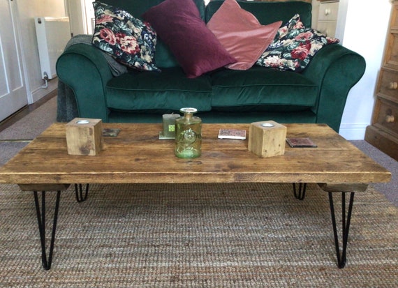 Reclaimed wood coffee table with hairpin legs discount