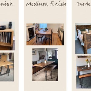 May include: Three images showing different wood finishes for furniture. The first image shows a light finish on a record player stand. The second image shows a medium finish on a dining table. The third image shows a dark finish on a bed frame.