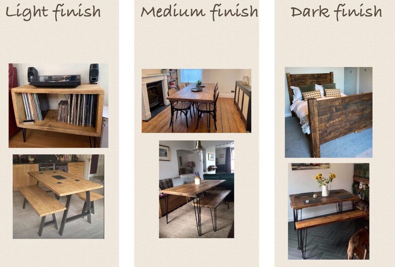 May include: Three images showing different wood finishes for furniture. The first image shows a light finish on a record player stand. The second image shows a medium finish on a dining table. The third image shows a dark finish on a bed frame.