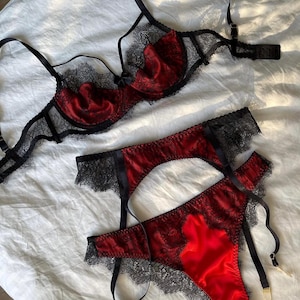 Black Red Handmade Lingerie Set, Bra, Lace Satin Lingerie, Black Briefs, Sexy underwear, Gift for her, Red Lingerie, Garter Belt, 3 piece