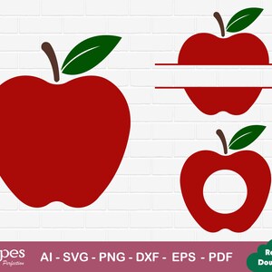 May include: A red apple with a green leaf, a red apple with a green leaf and a blank space for text, and a red apple with a green leaf and a circle for text. The apples are on a white brick background.