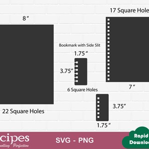 May include: A digital design template for a bookmark with a side slit. The bookmark is 1.75 inches wide and 3.75 inches tall. It has 6 square holes along the side. The template also includes a design for a larger page with 22 square holes, measuring 8 inches wide and 11 inches tall. The larger page has a 1.75 inch wide side slit. The template also includes a design for a page with 17 square holes, measuring 7 inches wide and 9 inches tall.