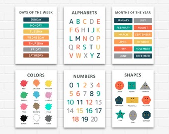 Playroom Prints Set of 6, Educational Posters, Shapes, Colors, Numbers (Digital Download)