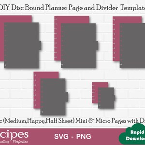 May include: A digital template for a disc bound planner page and divider. The template includes five different sizes: classic, mini, and micro. The template is in black and gray with a pink accent.