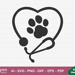 Dierenarts Tech SVG-bestand, veterinaire technicus Paw Print stethoscoop SVG-Vector kunst commercieel & persoonlijk gebruik-Cricut, silhouet, cameo, vinyl decal