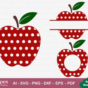 May include: Red apple with white polka dots, in three different styles: a whole apple, a split apple with a space for text, and a split apple with a circle for a monogram.